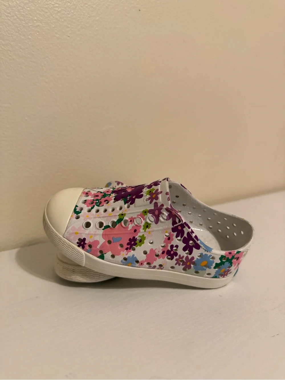 Kids Floral Slip-On Casual Shoe - White with Multicolor Flowers